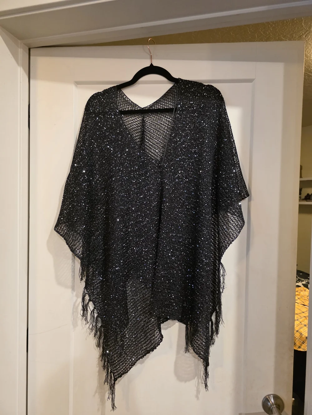 Black Sparkle Fringe Poncho Wrap - Women Accessories